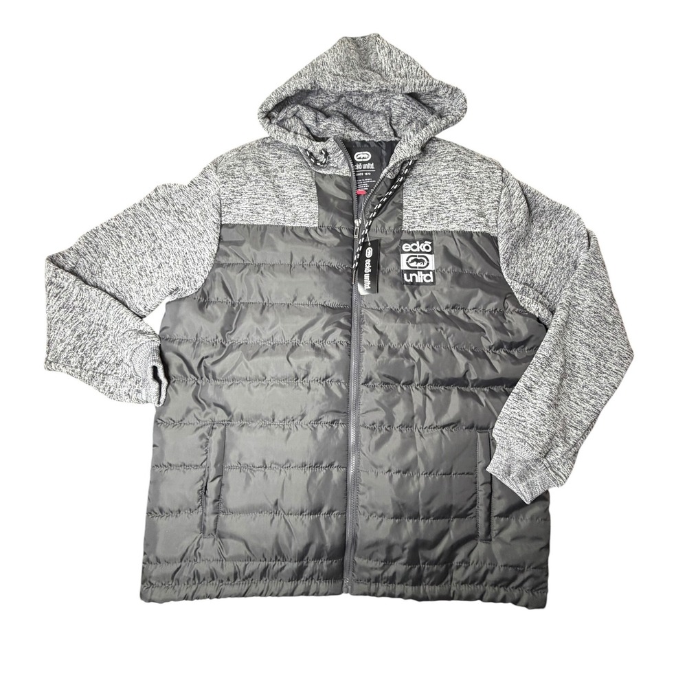 Ecko Unltd Mens XL Hybrid Puffer Jacket Gray Black Knit Sleeve Hooded Full Zip